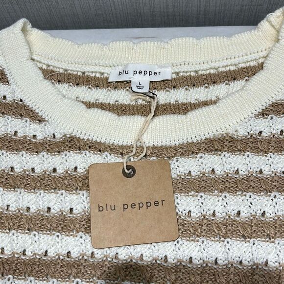NEW blu pepper Sleeveless Sweater Ruffle Sz Large Loose Knit Beige Tan - Picture 5 of 7